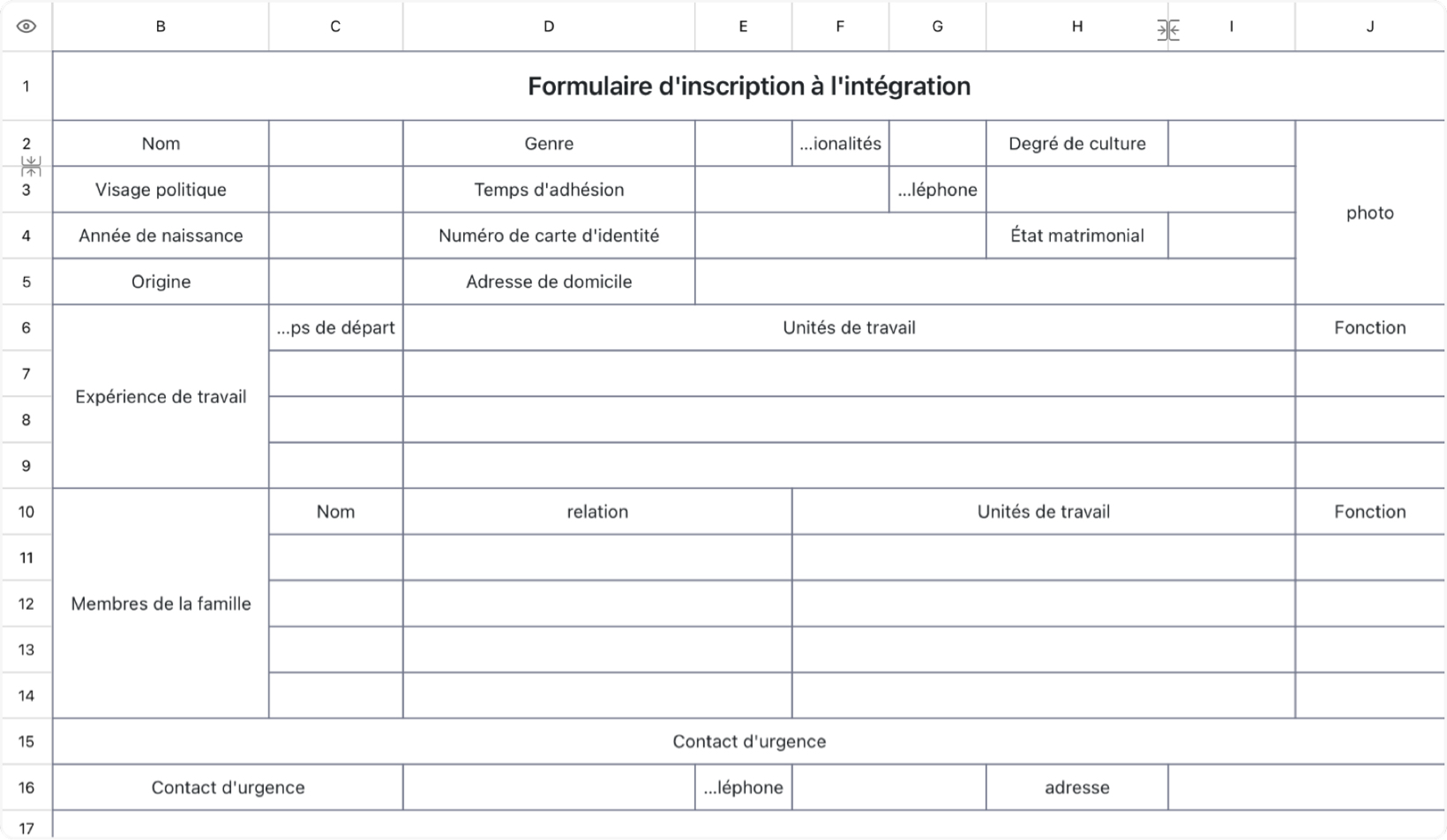 Formulaire d'inscription à l'intégration